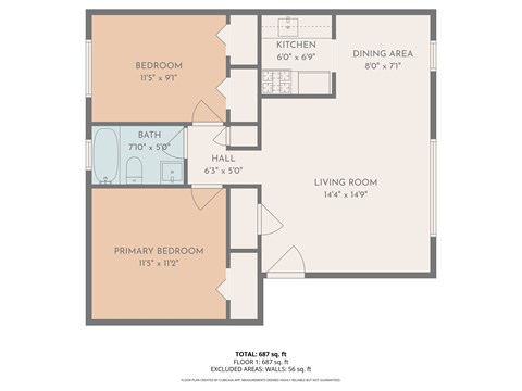 Floor plan for 2 beds, 1 bath, 743 sqft